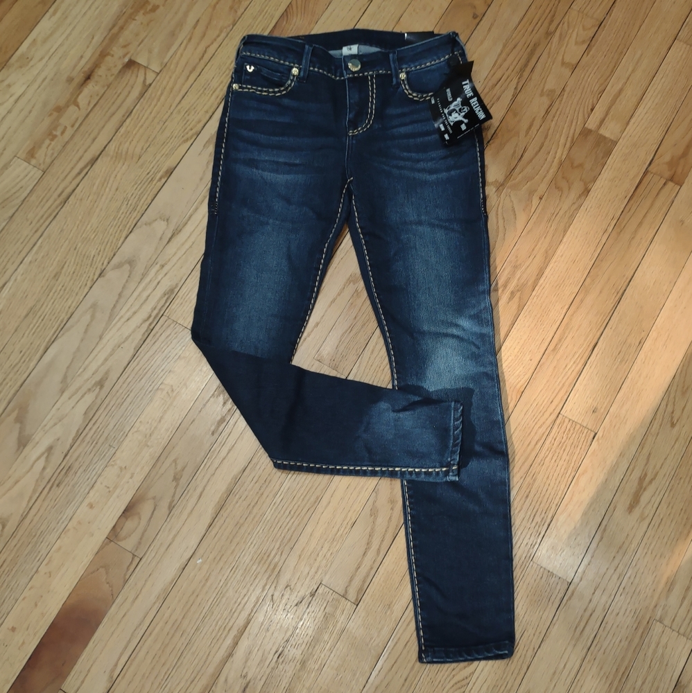 True Religion Hallie Lurex super T mid rise skinny dark wash jeans NWT 27 $299
